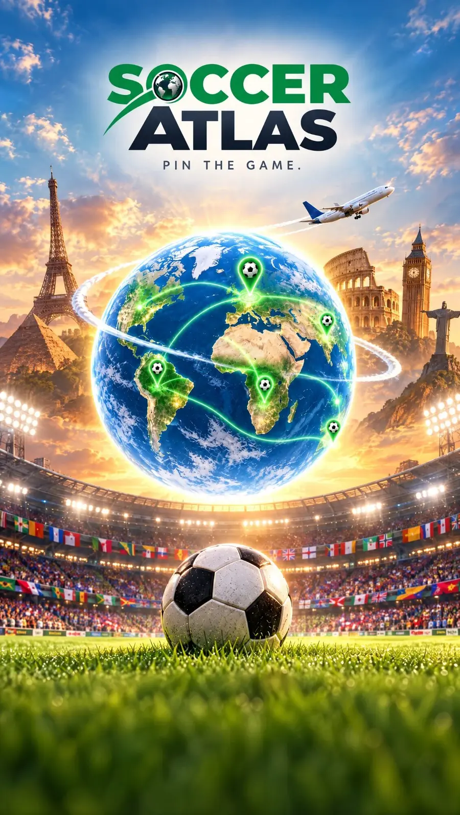 A glowing globe with soccer pins over a stadium, with the Eiffel Tower, the pyramids, the Colosseum and Big Ben around it, and a plane flying past.