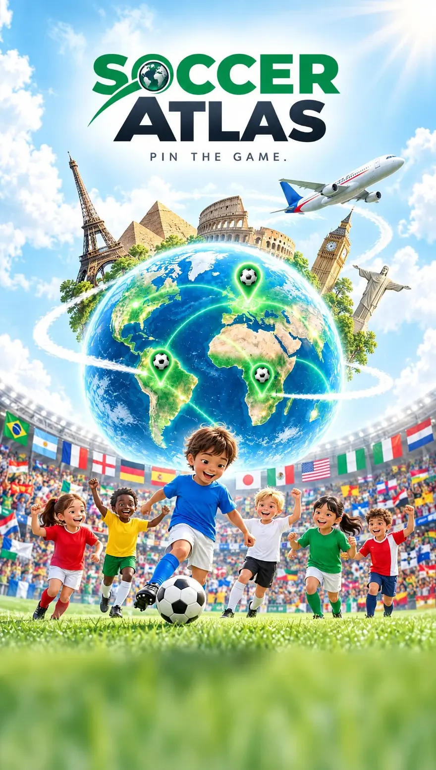 Children playing soccer in front of a glowing globe, with flags all around the stadium.