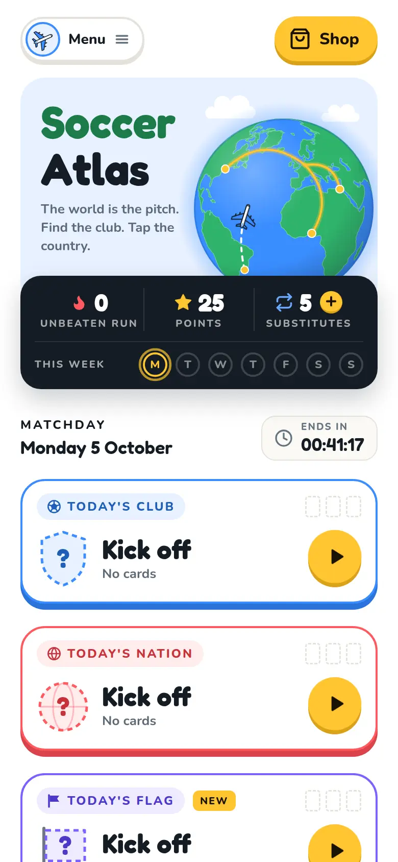 The Soccer Atlas home screen with Today's Club, Today's Nation and Today's Flag.