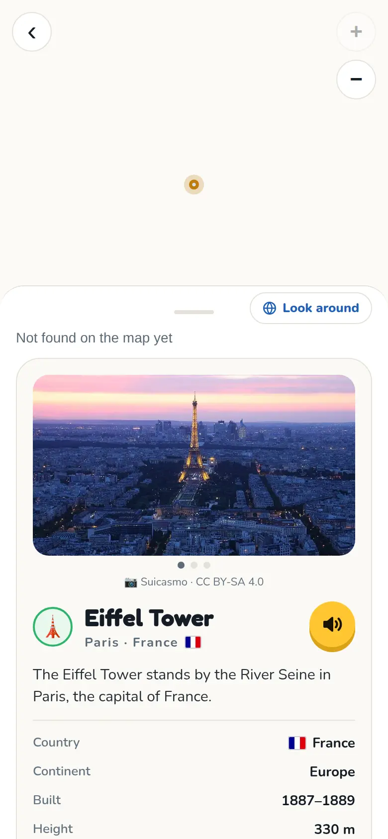 A World Knowledge page about the Eiffel Tower, with a photo and facts.